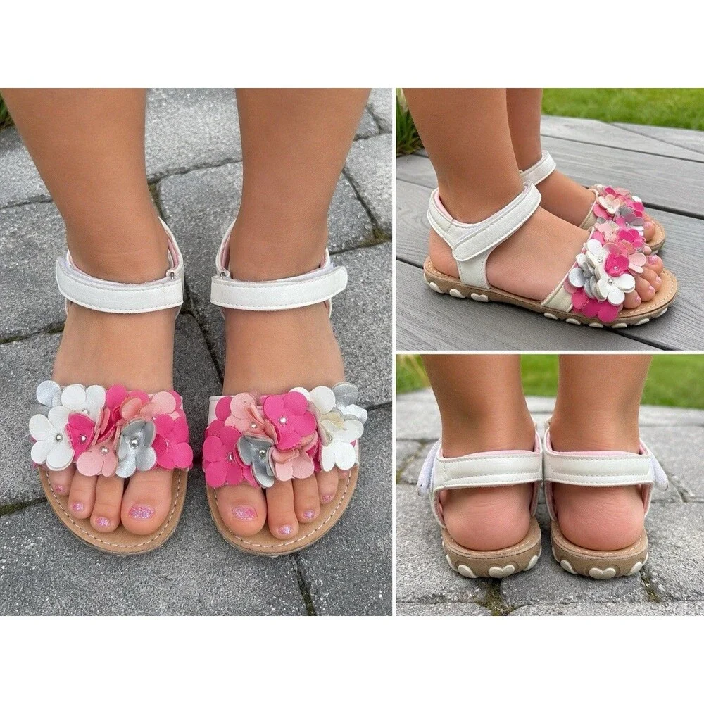 Koala Kids Girls Size 6 Floral Sandals Pink White Silver Flowers